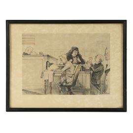 After William Sharp Lithograph on Paper with Painted Embellishments "The Interpreter": A lithograph on paper with watercolor painted embellishments after an original illustration by listed artist William Sharp (1900-1961), titled The Interpreter. This work features a courtroom scene including the judge seated to the left, the court reporter writing at a desk in the center, and a witness being questioned on the stand. The artist’s in-plate signature is present to the lower right, and the in-plate title is present to the lower left. The print is presented under glass in a simple black wood frame. A label from Krause Picture & Frame Co. is adhered to the verso.