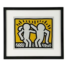 After Keith Haring Reproduction Print on Aluminum "Best Buddies": A reproduction print on aluminum paper titled Best Buddies after a serigraph by Keith Haring (American; 1958 – 1990). Depicted are two figures with their arms crossing over each other’s shoulders. The figures are rendered on a vibrant yellow background. This piece is not signed and is presented behind acrylic glass in a white mat and black composite frame.