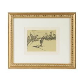After Henri de Toulouse-Lautrec Lithograph on Paper "The Circus Portfolio 11": A lithograph on paper after an original work titled The Circus Portfolio 11 by well-listed artist Henri de Toulouse-Lautrec (French, 1864-1901). This print of the Post-Impressionist work depicts circus horses and a male performer dragging his whips on the ground in a round arena. The artist’s in-plate monogram is present to the upper right. Under a single layer of white mat, the item is presented under acrylic in a gold-tone wood frame with a low-relief pattern.

Toulouse-Lautrec is well-known for his Post-Impressionist and Art Nouveau work, often of nightlife and entertainment scenes. His work can be found in a variety of prestigious institutions, including The Metropolitan Museum of Art, the Musée d’Orsay, the Art Institute of Chicago and more.