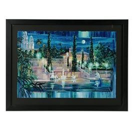 Rebecca Hardin Limited Edition Serigraph on Coventry Rag Paper "Starry Night in San Simeon": A limited edition serigraph on Coventry rag paper with hand colored embellishments titled Starry Night in San Simeon by listed Contemporary artist Rebecca Hardin, circa. 1990s. Depicted is a small body of water with a walkway leading towards complex with large white buildings. This is a number 5 out of an edition 15 with hand colored embellishments. The piece is hand signed in gold ink to the right with the edition number. Housed behind acrylic glass float mount onto a black mat within a black composition frame.