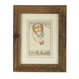 Franco Rainaldi Hand Colored Etching on paper "Hot-Air Balloons": A hand colored etching on paper titled Hot-Air Balloons by Franco Rainaldi (Italian), created during 1950. This print depicts two men in the basket of a hot-air balloon with bunting. A crowd stand below watching the balloon lift up in sky. The piece is signed in plate to the lower right corner and is housed behind acrylic glass in a white mat within a wooden frame.