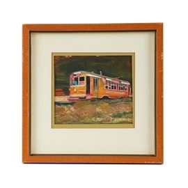 Steve Cryan Gauche Painting on Paper "The Last Trolley": A gauche painting on paper titled The Last Trolley by listed Contemporary artist Steve Cryan. Depicted is a trolley car with American flag bunting around the upper rim. The written along the side reads “Last Trolley” as the car moves through a rural area. The piece is signed near the lower left corner and housed behind acrylic glass in a white a green double mat withing a wooden frame.