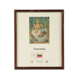 Braulio Salazar Commemorative Cancellation Page "Maternal Rhythms": A UNICEF Commemorative Cancellation Page with an offset lithograph on paper of Maternal Rhythms an oil painting by Braulio Salazar (Venezuela; 1917-2008). The stamp is a part of the 1980 Flag Series which produced a stamp for each of the countries within the United Nations to benefit UNICEF. The 15¢ stamp depicts a Venezuelan flag on a silver background and is stamped with a date cancellation for its first day of issue, September 26, 1980. The print is signed and dated in plate and is presented under glass on a floating mat within a wooden frame. For coordinating pieces please view items 17NYC999-292, 17NYC999-293, and 17NYC999-295.