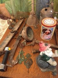 Misc. Ranch Tools, Vintage Cracker Jack Tin, Gnome Sprinkler