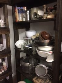 Misc. Kitchen Utensils, Oil Can, Meat Grinder, Pressure Cooker, Jelly Strainer, NuWave Grill, Mixing Bowls, Antique Gas Irons