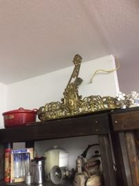 Brass Wall Shelves with Beveled Glass, Enamelware pots