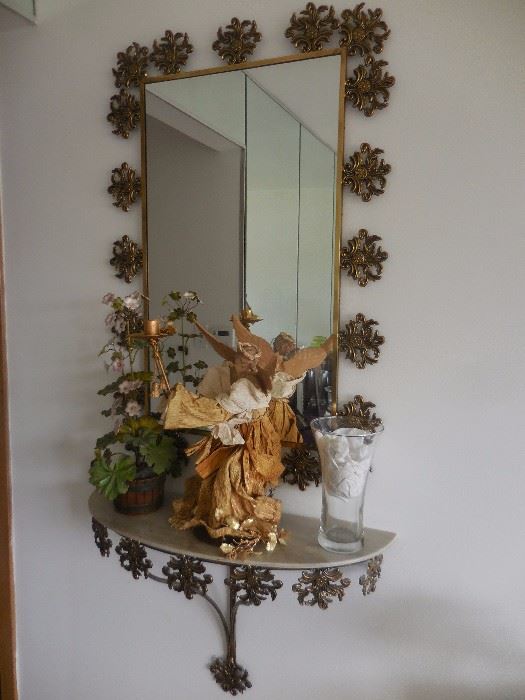 Ornate Hand Tooled Wall Mirror with Wall Shelf