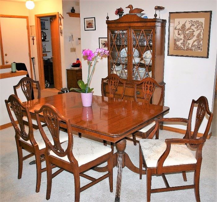 Duncan Phyfe Style Mahogany Table w/6 Chairs & 1 Leaf; Matching China Hutch & Sideboard
