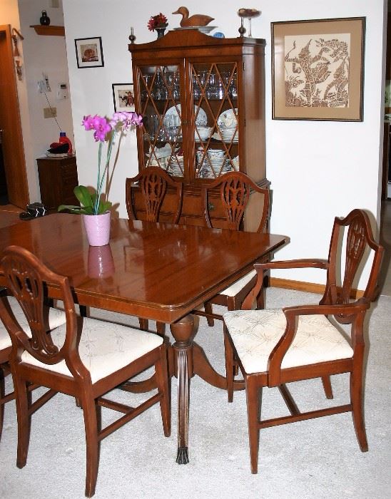 Duncan Phyfe Style Mahogany Table w/6 Chairs & 1 Leaf; Matching China Hutch & Sideboard