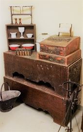Primitive Cash register, 2 old wooden chests, 2 store paper holders