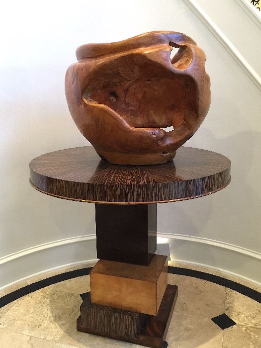 GIANT Teak Root Ball & a Multi Veneer contemporary round accent table.