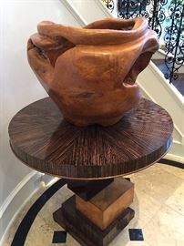 GIANT Teak Root Ball & a Multi Veneer contemporary round accent table.