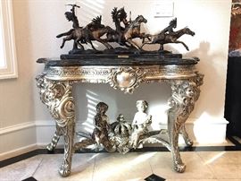 Silver Metal French Rococo style entry console table with stone top.