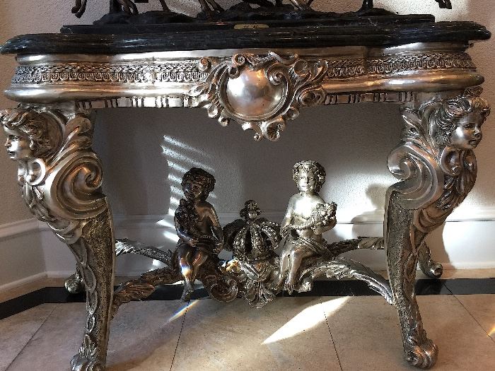 Silver Metal French Rococo style entry console table with stone top.
