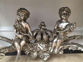 Silver Metal French Rococo style entry console table with stone top.