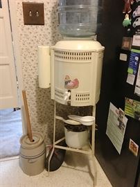 Vintage Metal Covered Crock Pottery Water Cooler Dispenser