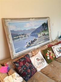 Framed painting signed V. de Graudi (sp?), vintage decorative pillows