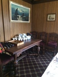 Bernhardt Furniture Co. oak Jacobean/Tudor dining room table and chairs (1 arm, 5 side); MCM landscape painting with white and gold decorative frame