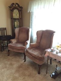 Queen Anne wing back chairs, Seth Thomas grandfather clock