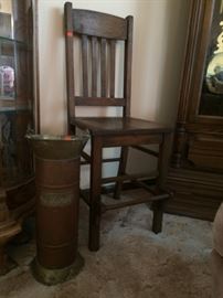 Skan brass and copper umbrella stand (Made in Holland); oak chair with foot rest