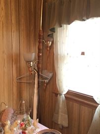 Vintage tension pole lamp with glass shades