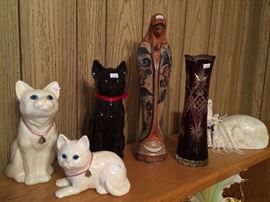 Ceramic kitties, etched glass, statue of Mary