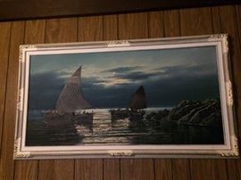 MCM landscape painting with white and gold decorative frame