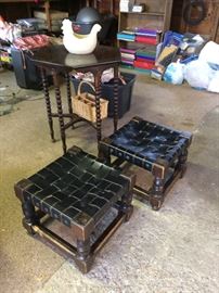 Vintage woven leather ottomans; barley twist table