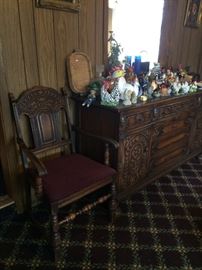 Bernhardt Furniture Co. oak Jacobean/Tudor arm chair and buffet, assorted ceramic chickens