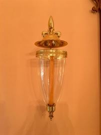 One of pair/large brass and glass wall sconces