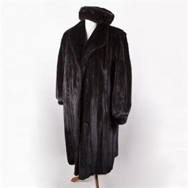 Women's Mano Swartz Mink Coat and Headwrap: A full-length mink coat and headwrap. This dark brown mink coat features a shawl collar and cuff sleeves. The lining is embroidered “Mary M. Davidson” and the label reads “Mano Swartz.” The headwrap has a velcro closure.