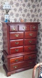 4 Pc. American Drew Bedroom Set: Queen Bed, 7 Drawer Dresser w/Mirror, 6 Drawer Chest on Chest, 3 Drawer Night Stand