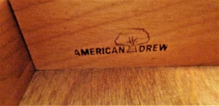 4 Pc. American Drew Bedroom Set: Queen Bed, 7 Drawer Dresser w/Mirror, 6 Drawer Chest on Chest, 3 Drawer Night Stand