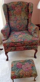 Matching Upholstered Wingback Chairs w/Foot Stools
