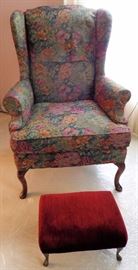 Matching Upholstered Wingback Chairs w/Foot Stools
