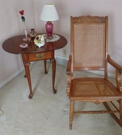 Caned Rocker w/Arms & Drop Leaf Side Table