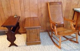 Magazine Rack, Armstrong Recliner Side Table, & Caned Rocker w/Arms