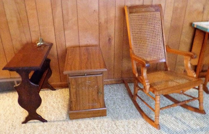 Magazine Rack, Armstrong Recliner Side Table, & Caned Rocker w/Arms