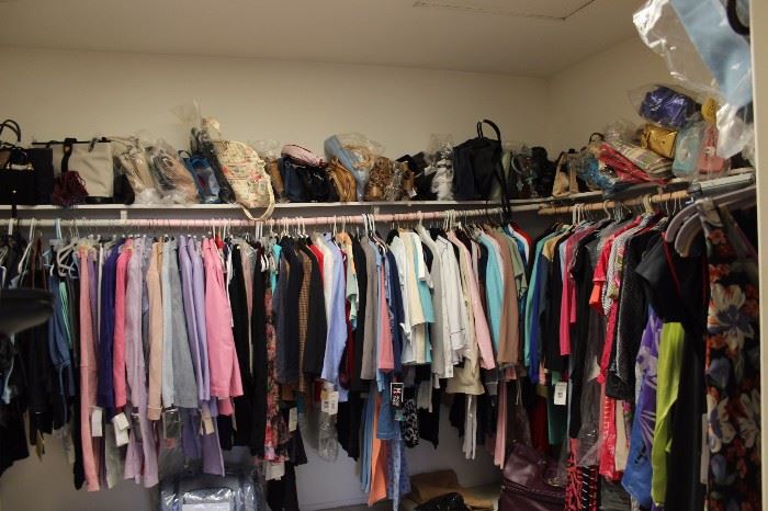 Closets full of more bags and rails of brand new clothing.