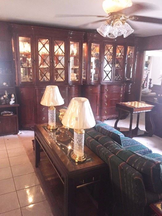 Sofa, entry/sofa table, lamps, game table, large china cabinets