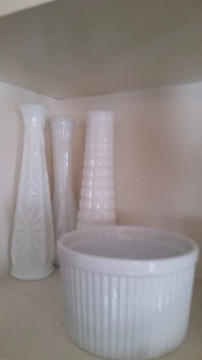 milk glass and bakeware