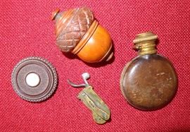 Gutta percha "oreo" case; acorn nutmeg grater; leather wrapped flask and 19th C. fleam