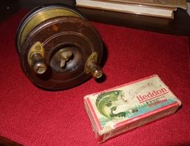 Samuel Allcock & Co. wood/ brass Nottingham type reel; Heddon (lure in box)