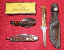 Clauss hobo in orig. box; early Remington RH4 sheath knife; Schrade