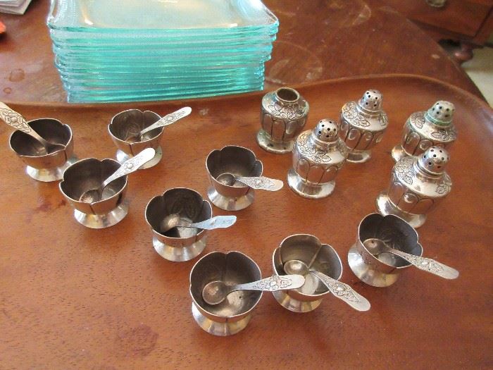 Mexican silver salt cellars and shakers