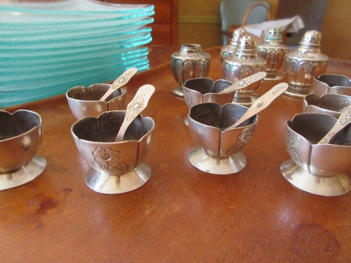 Mexican silver salt cellars and shakers