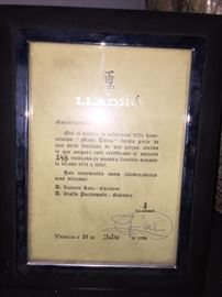 Original Spanish certificate to accompany rare and limited edition Lladro