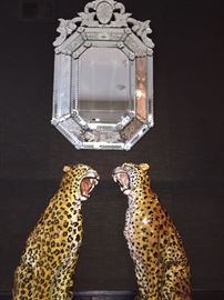 Beautiful vintage Venetian mirror with life size ceramic leopards