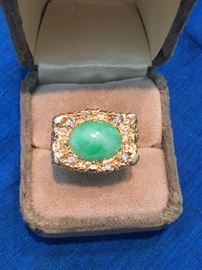 Jade and gold with small diamonds ring and cufflinks as well as pendant set.