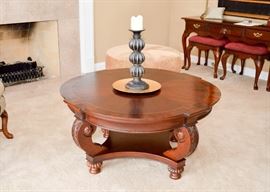 BUY IT NOW!  Lot #302, Flame Mahogany Carved Cocktail Table, (Approx. 41-1/2" Dia x 20" H), $350